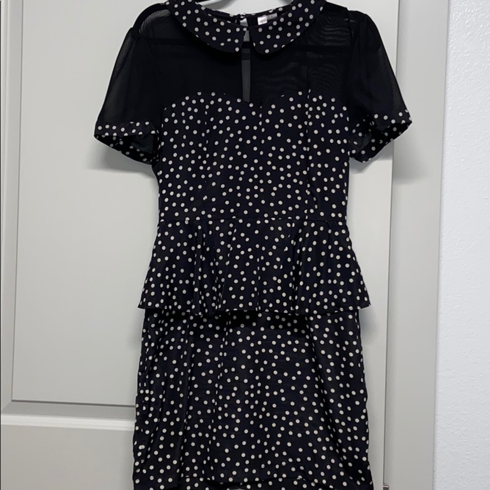 Polka Dot Peplum Dress + Mesh, Peter Pan Collar